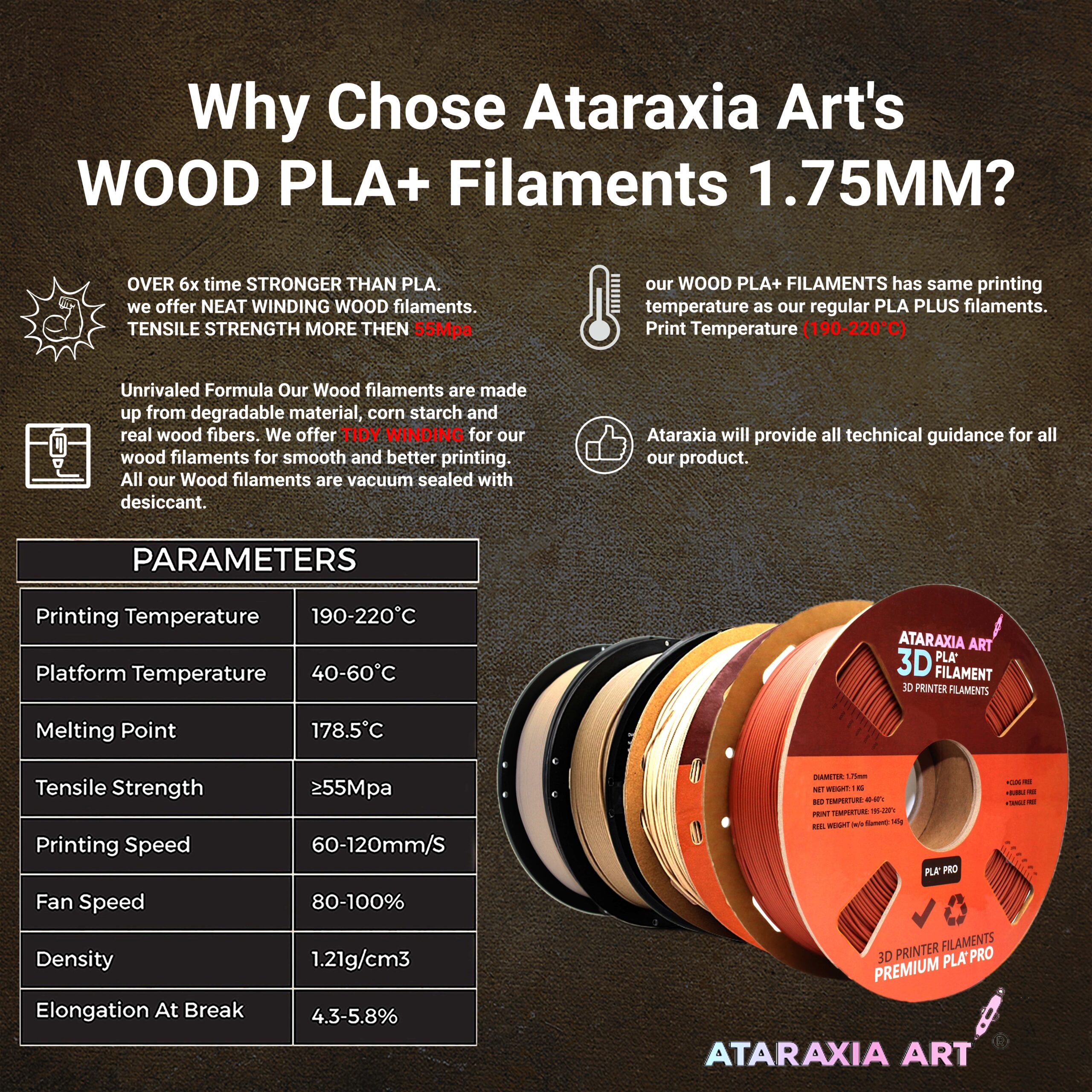 ATARAXIA ART White Pine Wood PLA Filament 1.75mm, 1kg/2.2lb tidy