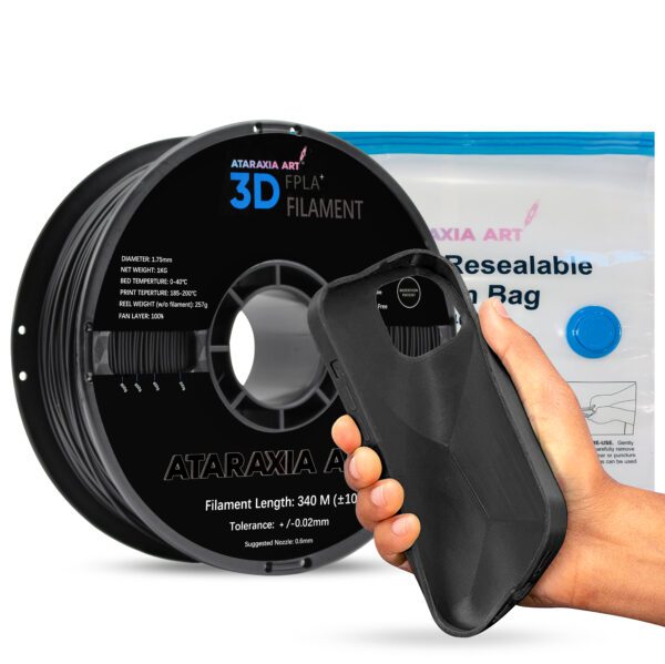 ATARAXIA ART Flexible PLA Filament 1.75mm,1Kg/2.2lb Spool 5X Long Stretch,89A Shore Hardness,Pantone Match Color,With Filament Storage Bags,FPLA Black