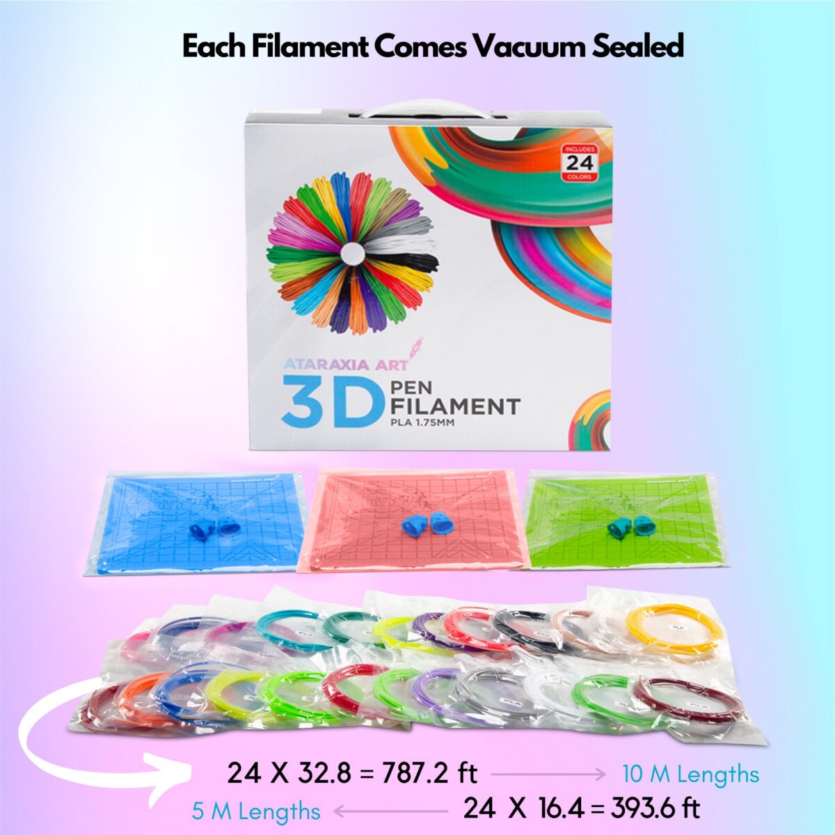 Ataraxia Art 3D Pen Silk Filament Refills 24 Colors,Each Color 10M/33Feet Total 782Ft,4 Fluorescent & 4 Translucent Colors,Kids Safe,Shiny 1.75mm