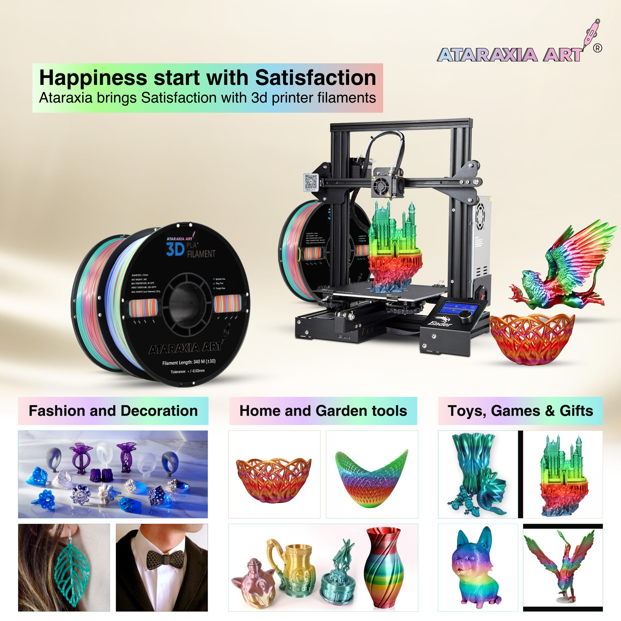 ATARAXIA ART Rainbow 3D Printer Filament, PLA Filament 1.75mm
