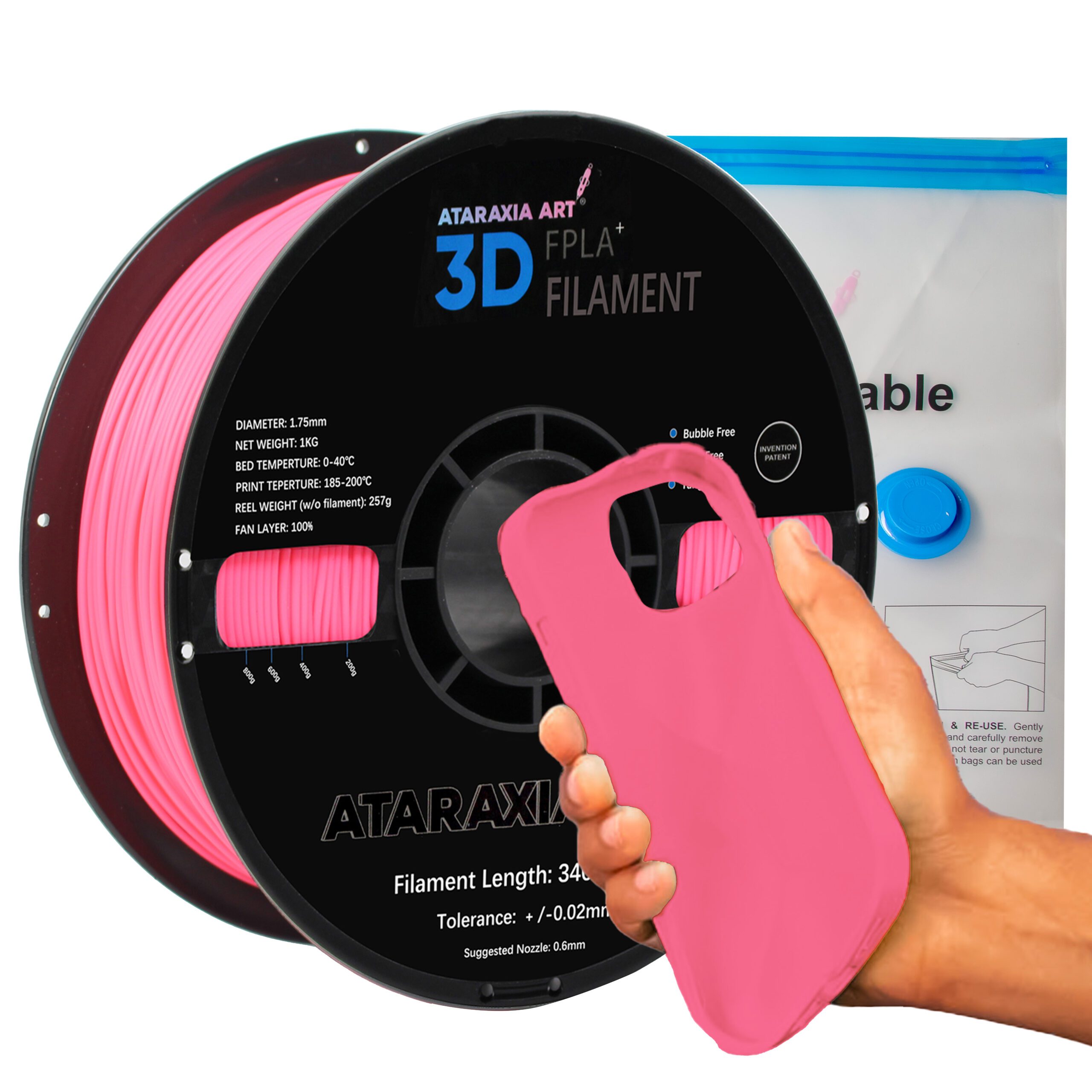 ATARAXIA ART Flexible PLA Filament 1.75mm,1kg/2.2lb Spool, 89A Shore  Hardness,Compatible with Bowden Extruder,with Filament Storage Bag,FPLA  Pink • Ataraxiaart