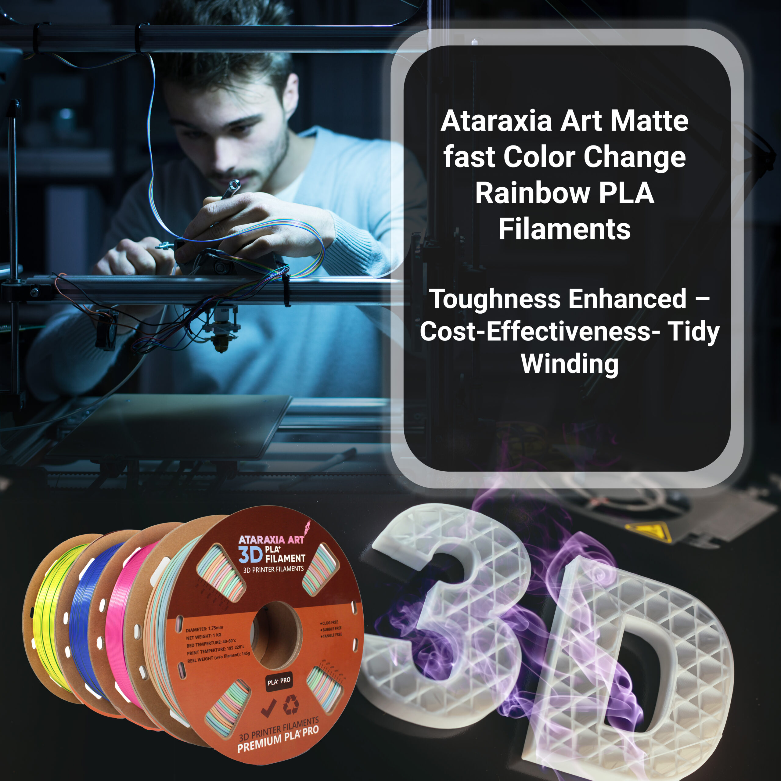 Ataraxia Art Macaron Fast Color change Matte Rainbow PLA Filament 1.75mm,  Multicolor 3D Printer Filament,1kg,With Filament Storage Bag,Fit 3D Printers  • Ataraxiaart
