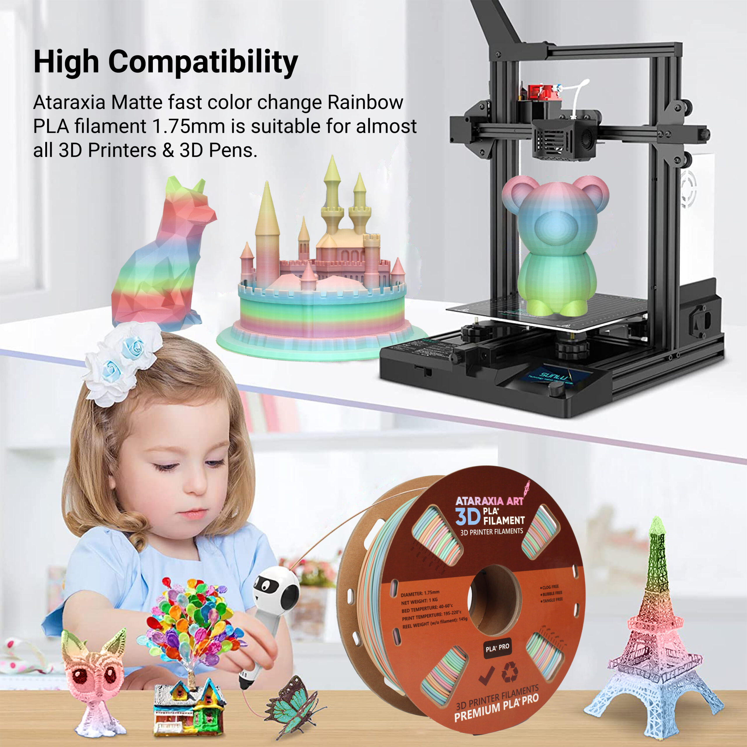 3D Printer Silk Rainbow Multicolor PLA Filament 1.75mm 1KG Multi Color  Changing
