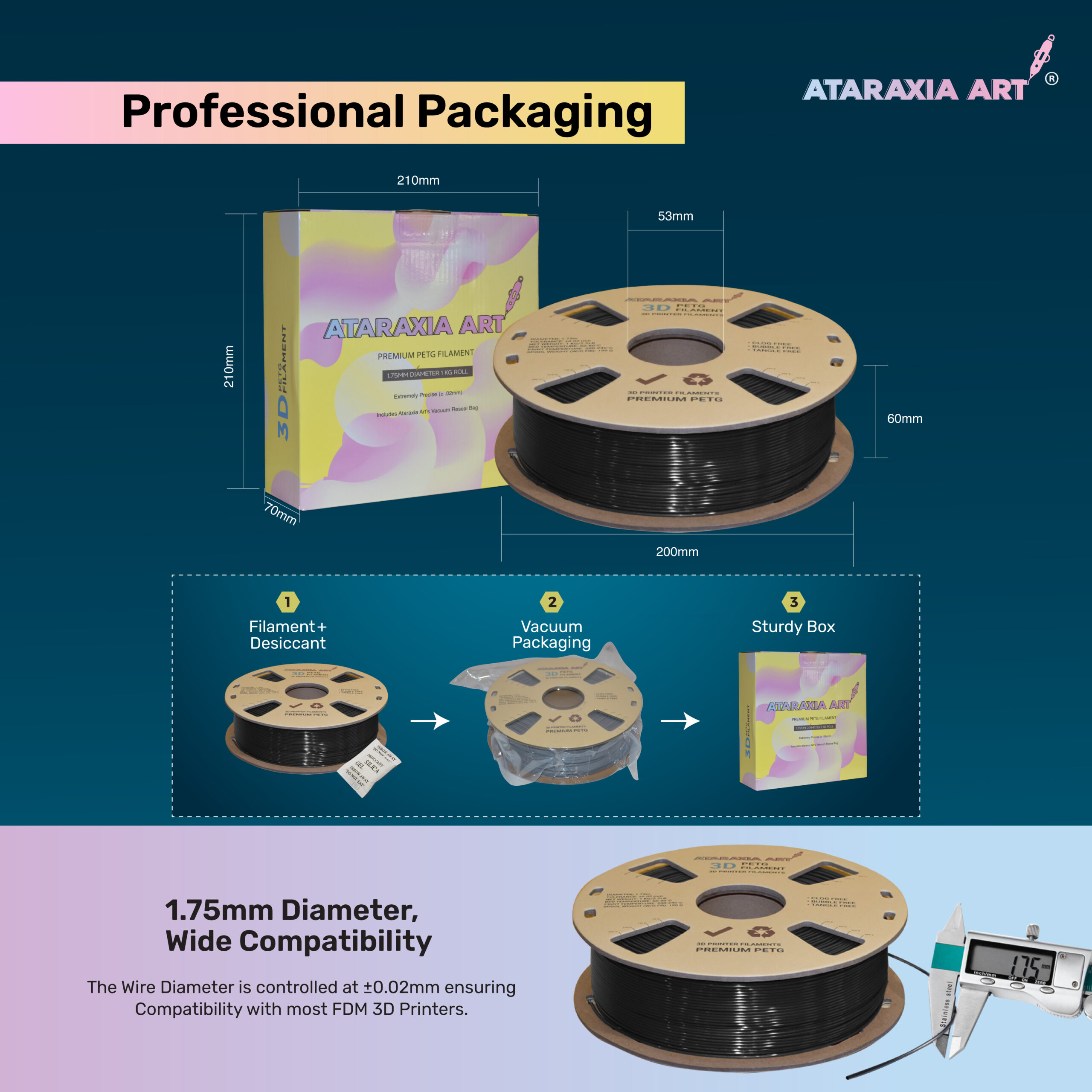Ataraxia Art PETG Filament 1.75mm, 3D Printer Filament, 1kg/2.2lb Spool, Dimensional Accuracy 0.02mm, with Filament Storage Vacuum Bag, Fit Most FDM